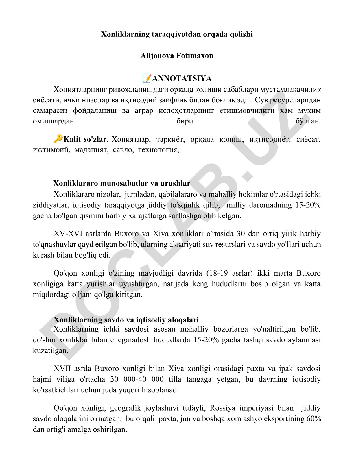 Xonliklarning taraqqiyotdan orqada qolish sabablari