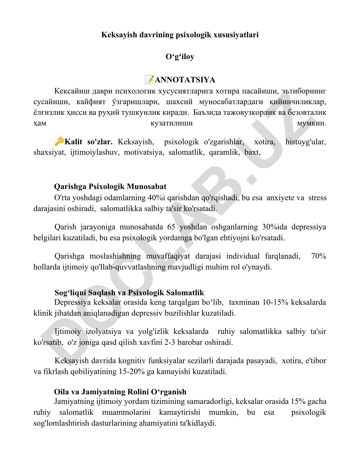 Keksayish davrining psixologik xususiyatlari