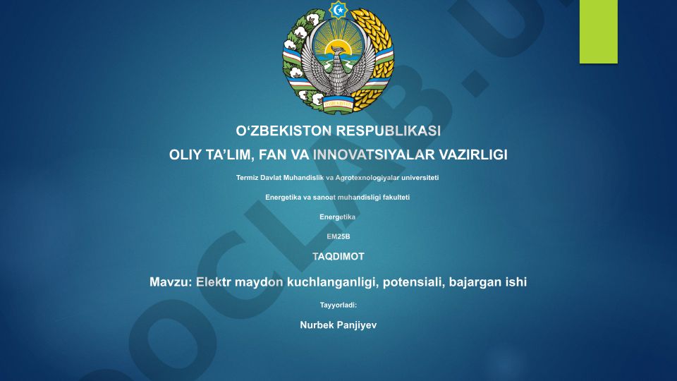 Elektr maydon kuchlanganligi, potensiali, bajargan ishi