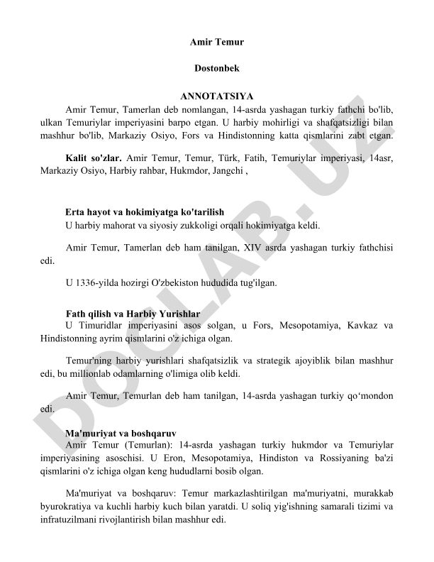 Amir Temur hayoti va Temuriylar imperiyasi