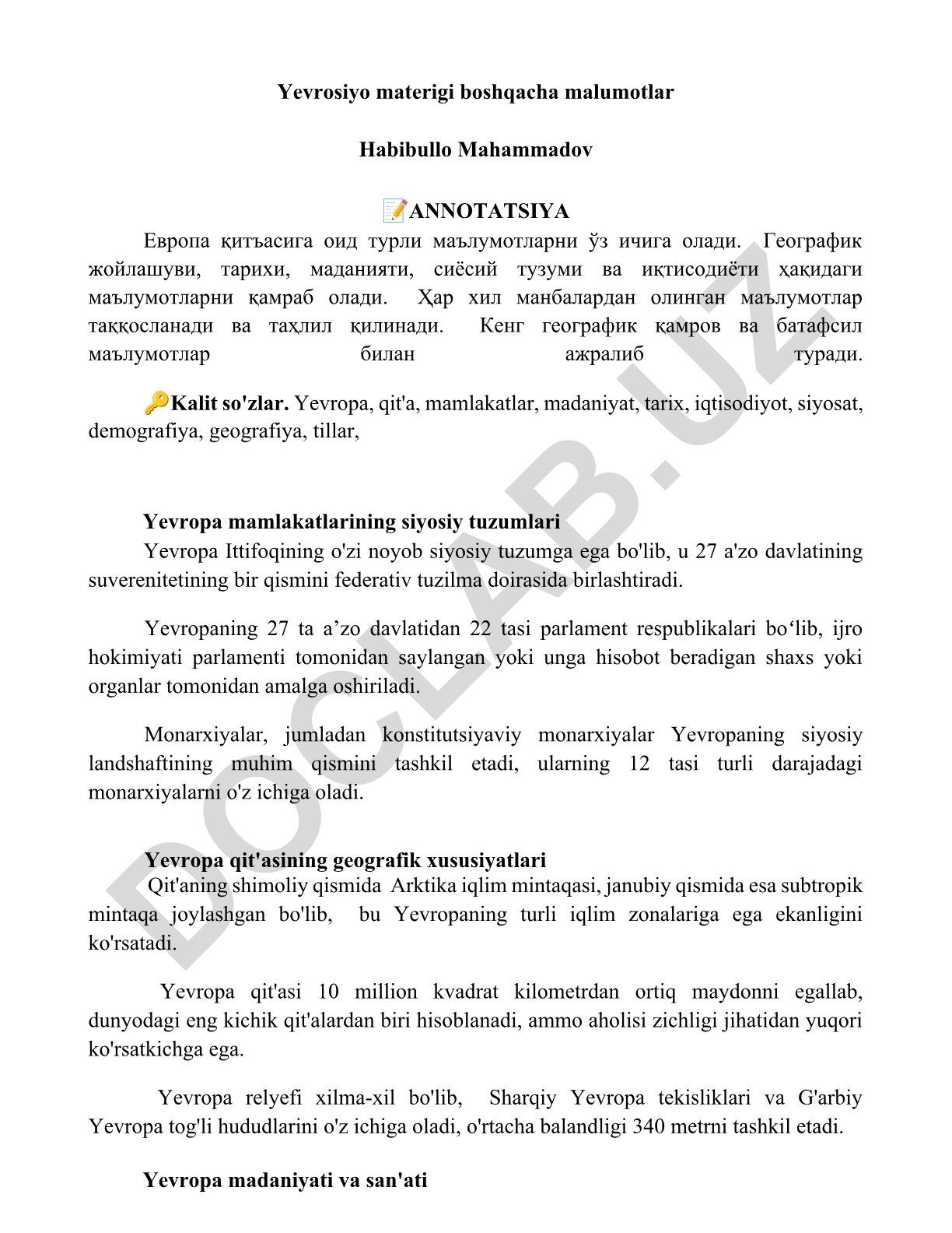 Yevropa qit'asi: geografiya, tarix, madaniyat va siyosiy tuzumlar