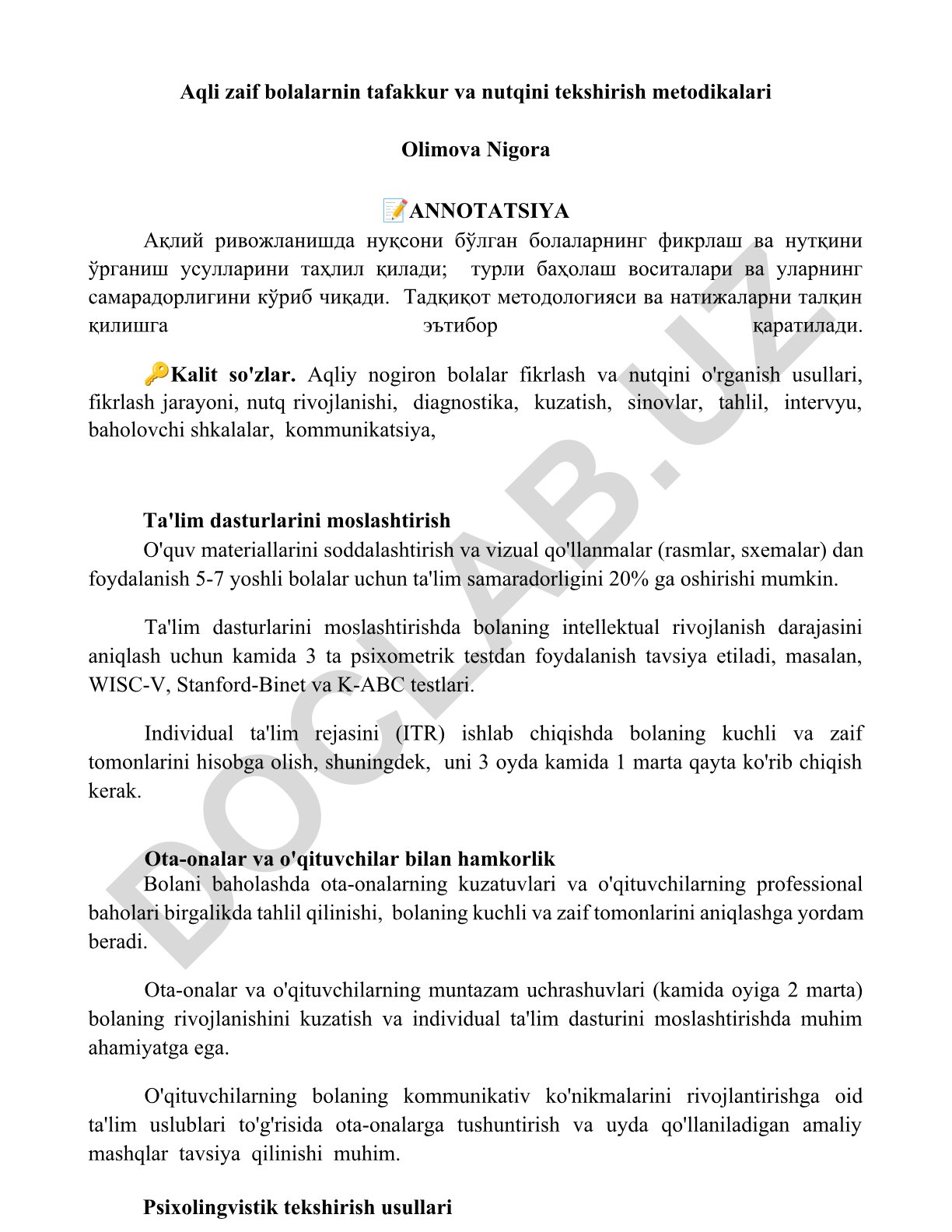 Aqli zaif bolalarning tafakkur va nutqini tekshirish metodikalari