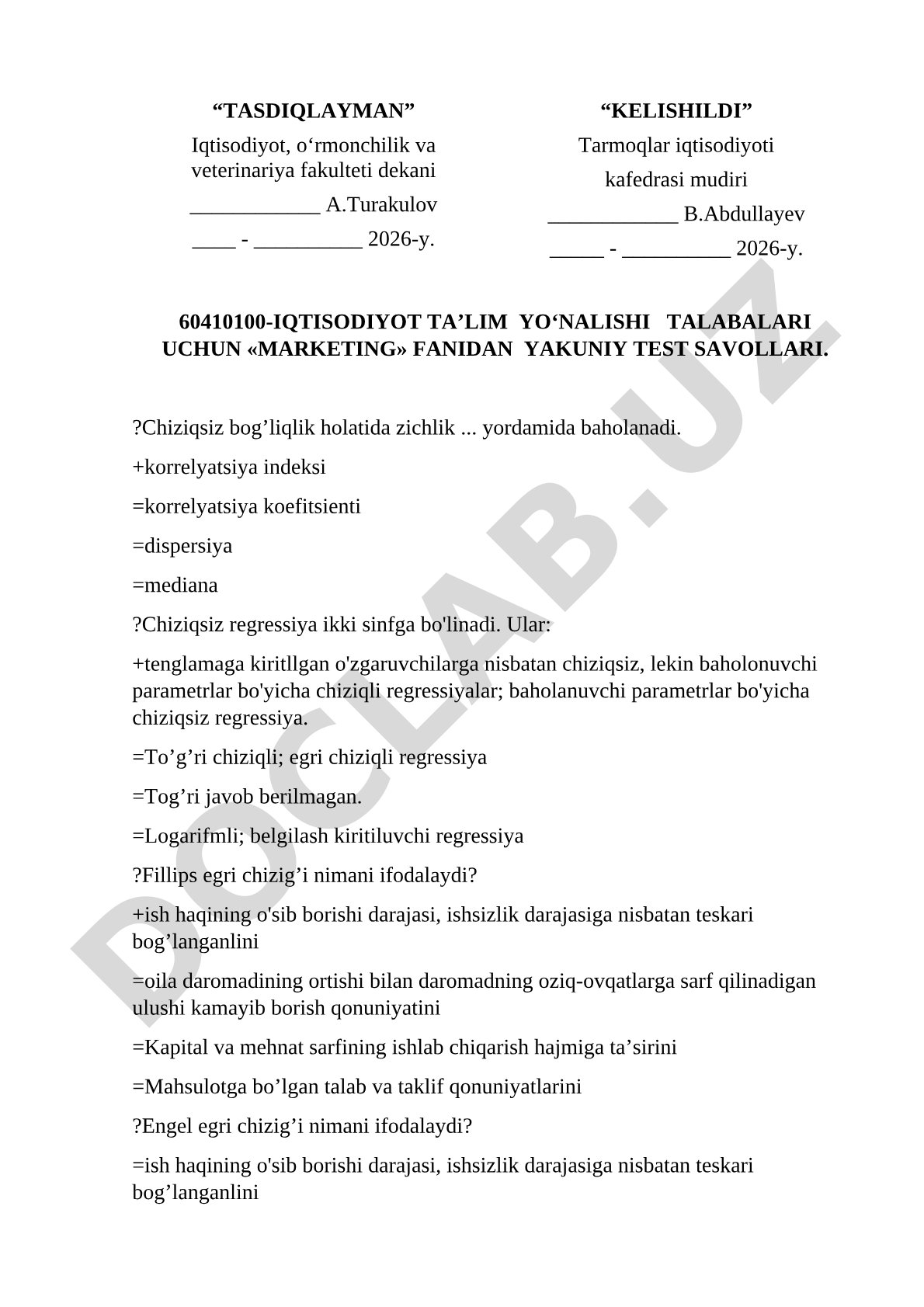 Marketing fanidan yakuniy test savollari