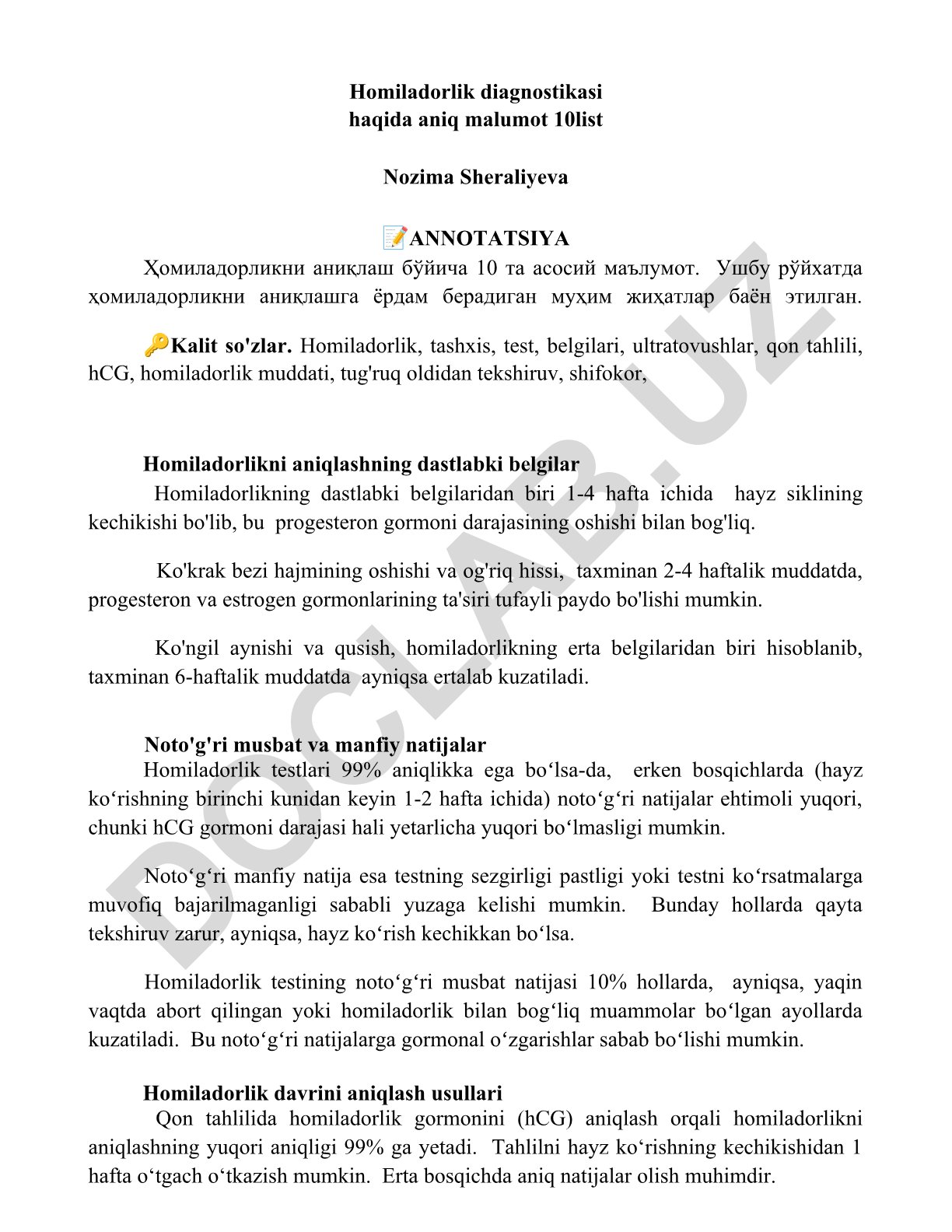 Homiladorlik diagnostikasi haqida asosiy ma'lumotlar