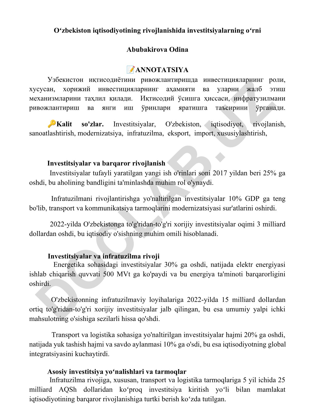 Oʻzbekiston iqtisodiyotining rivojlanishida investitsiyalarning oʻrni