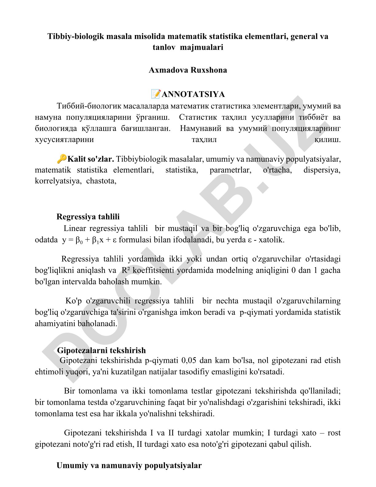 Tibbiy-biologik masalalar uchun matematik statistika elementlari va populyatsiyalar
