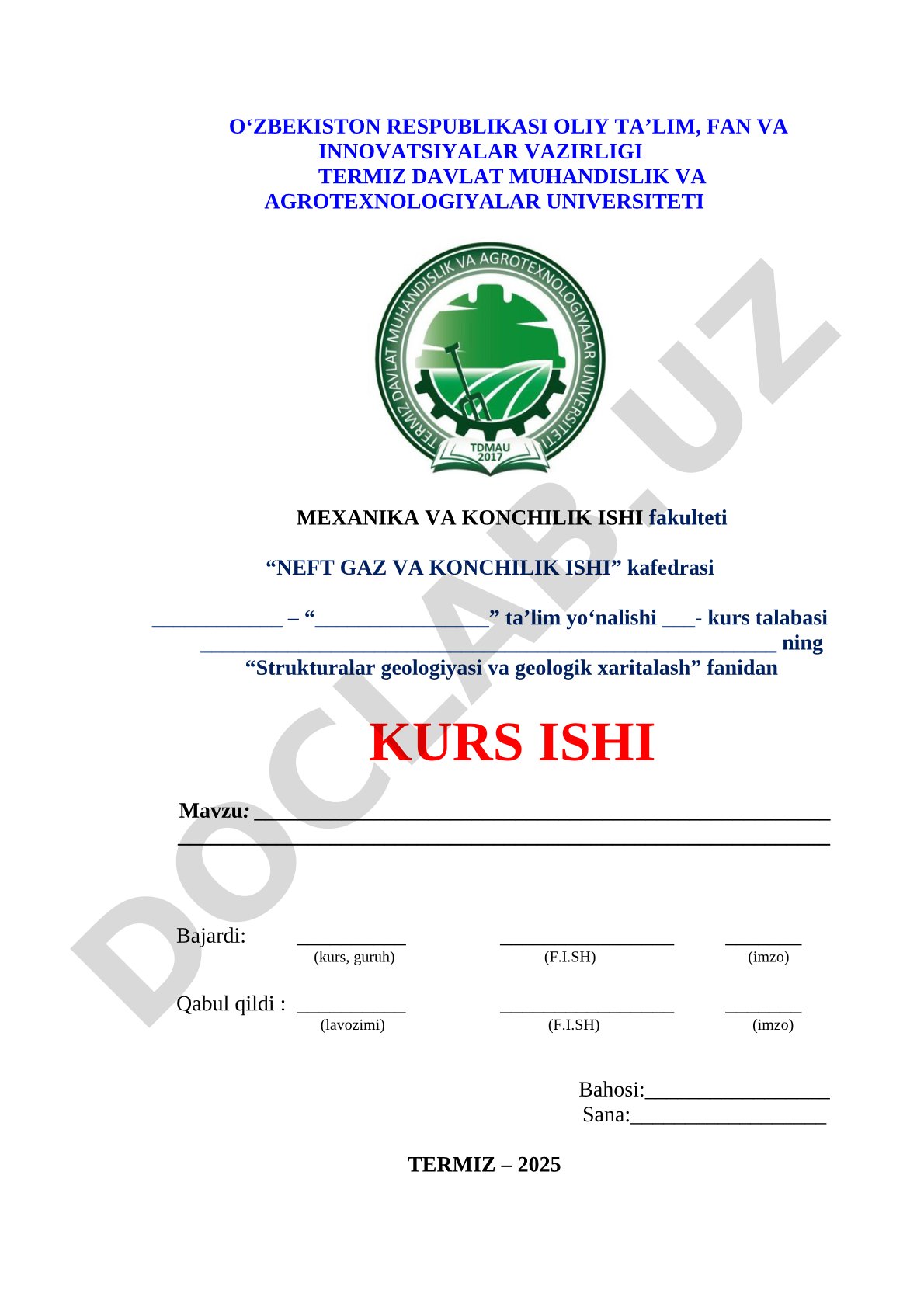 Strukturalar geologiyasi va geologik xaritalash fanidan kurs ishi