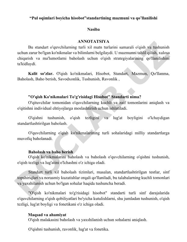 Pul oqimlari boyicha hisobot standartining mazmuni va qo'llanilishi