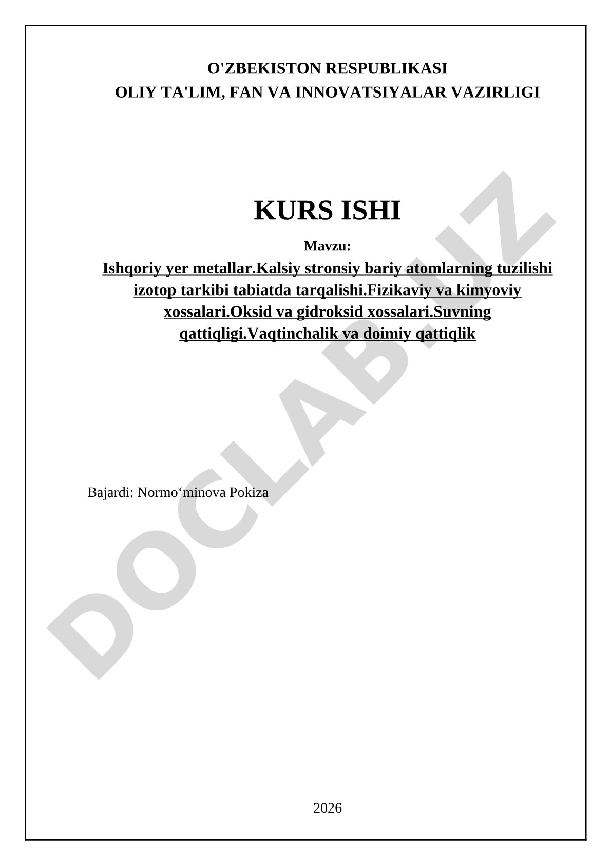 Ishqoriy yer metallar. Kalsiy stronsiy bariy atomlarning tuzilishi izotop tarkibi tabiatda tarqalishi. Fizikaviy va kimyoviy xossalari. Oksid va gidroksid xossalari. Suvning qattiqligi. Vaqtinchalik va doimiy qattiqlik