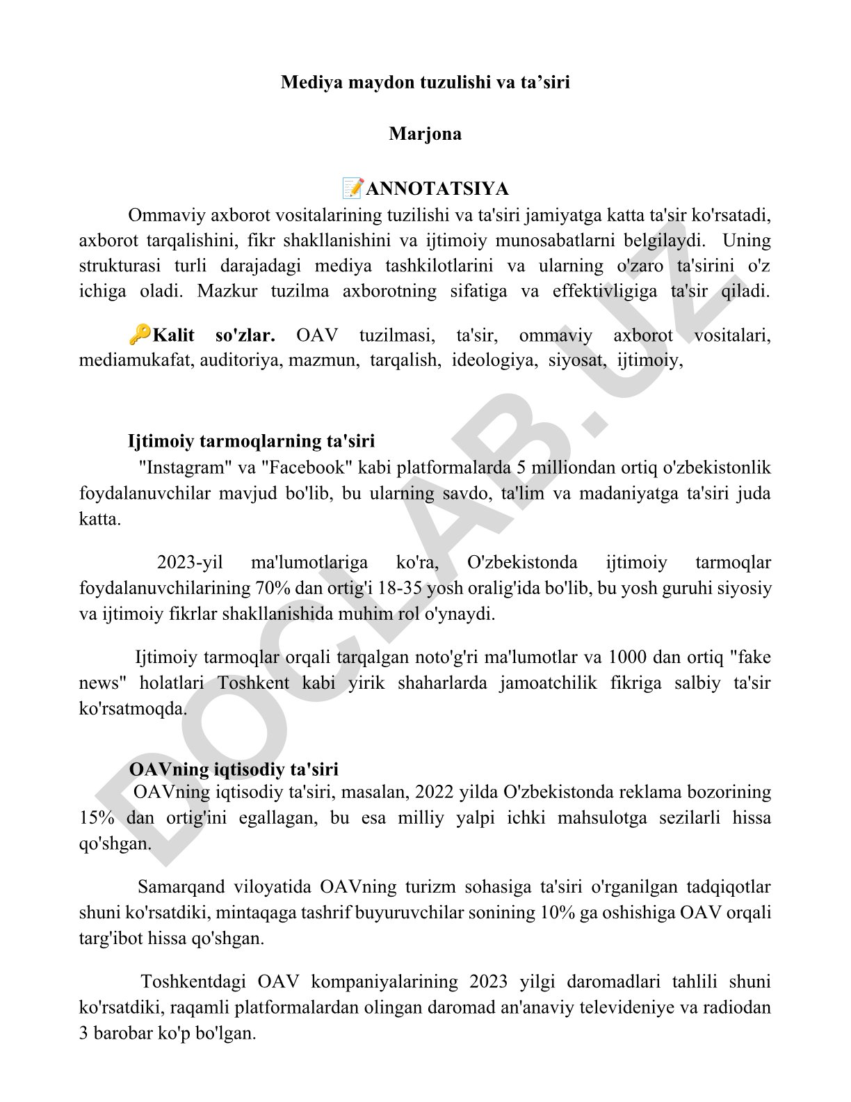 Mediya maydon tuzulishi va ta'siri