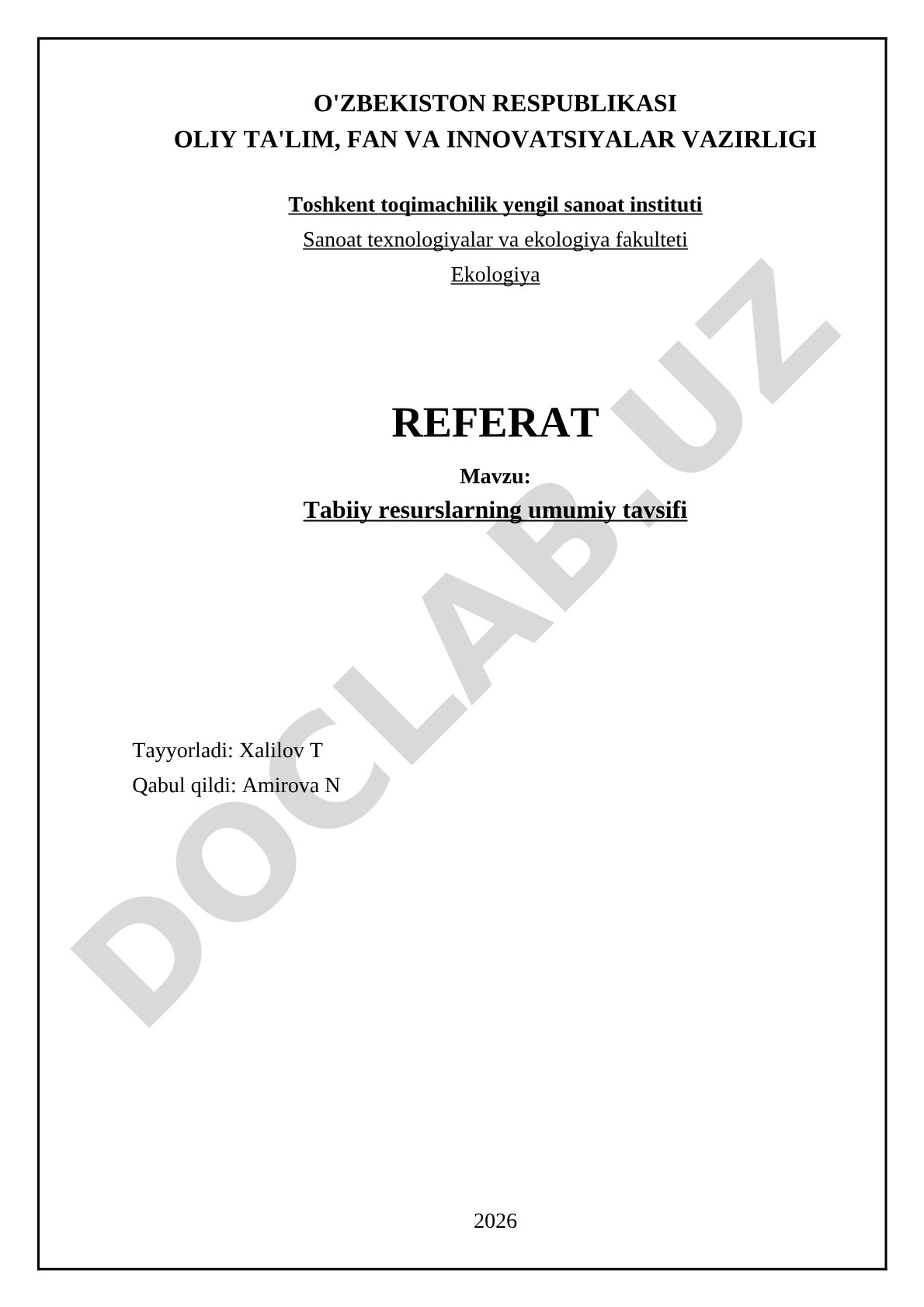 Tabiiy resurslarning umumiy tavsifi