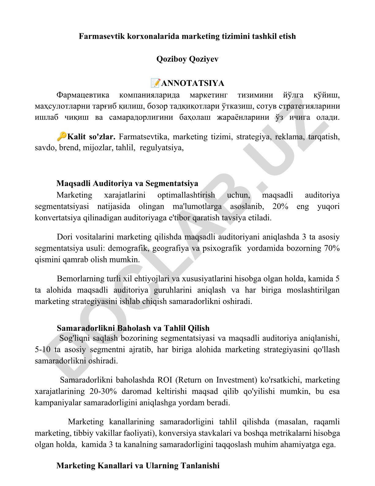Farmasevtik korxonalarida marketing tizimini tashkil etish