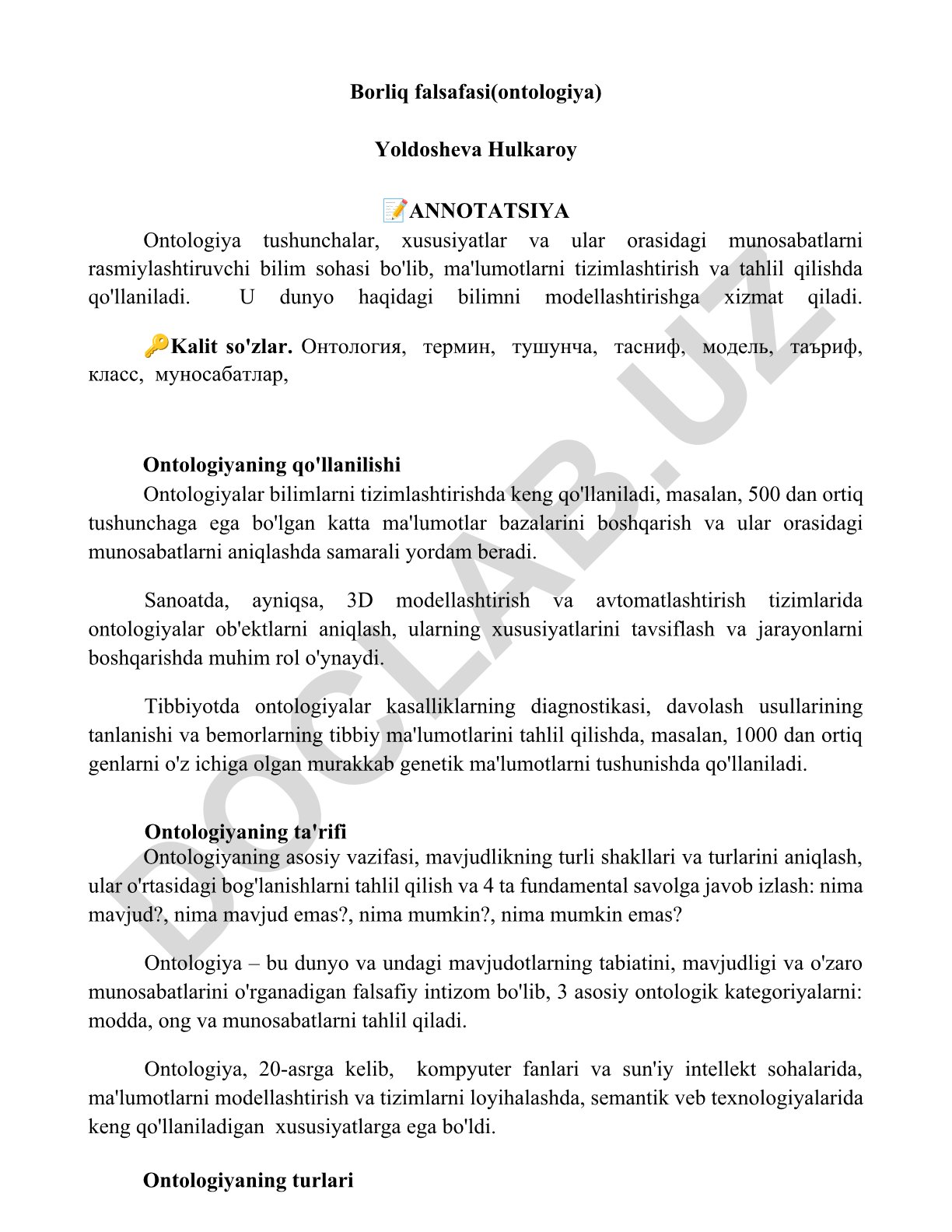 Borliq falsafasi (ontologiya) tushunchalari va qo'llanilishi