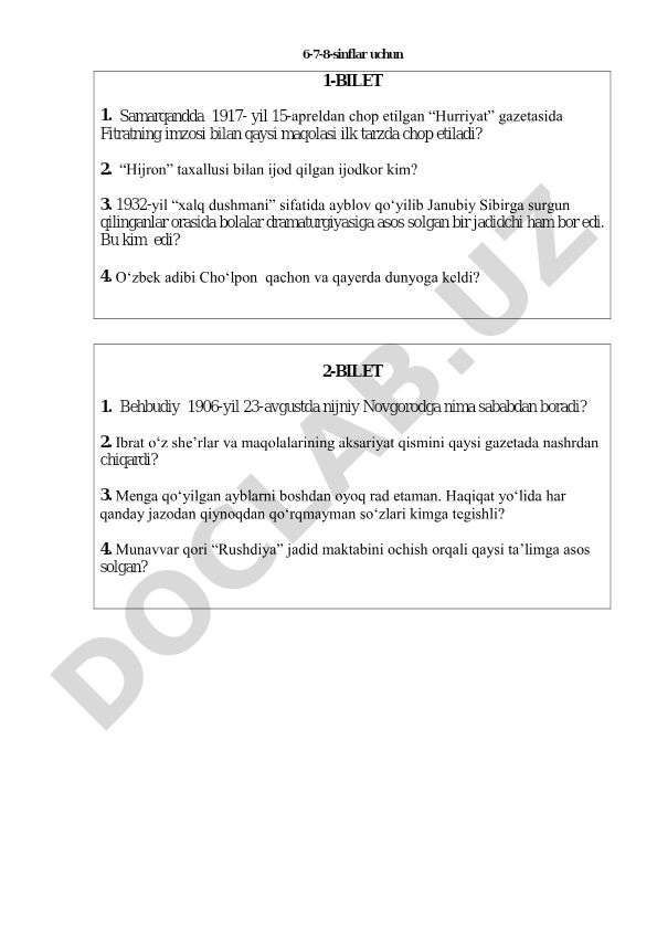6-7-8-sinflar uchun adabiyot fanidan test savollari