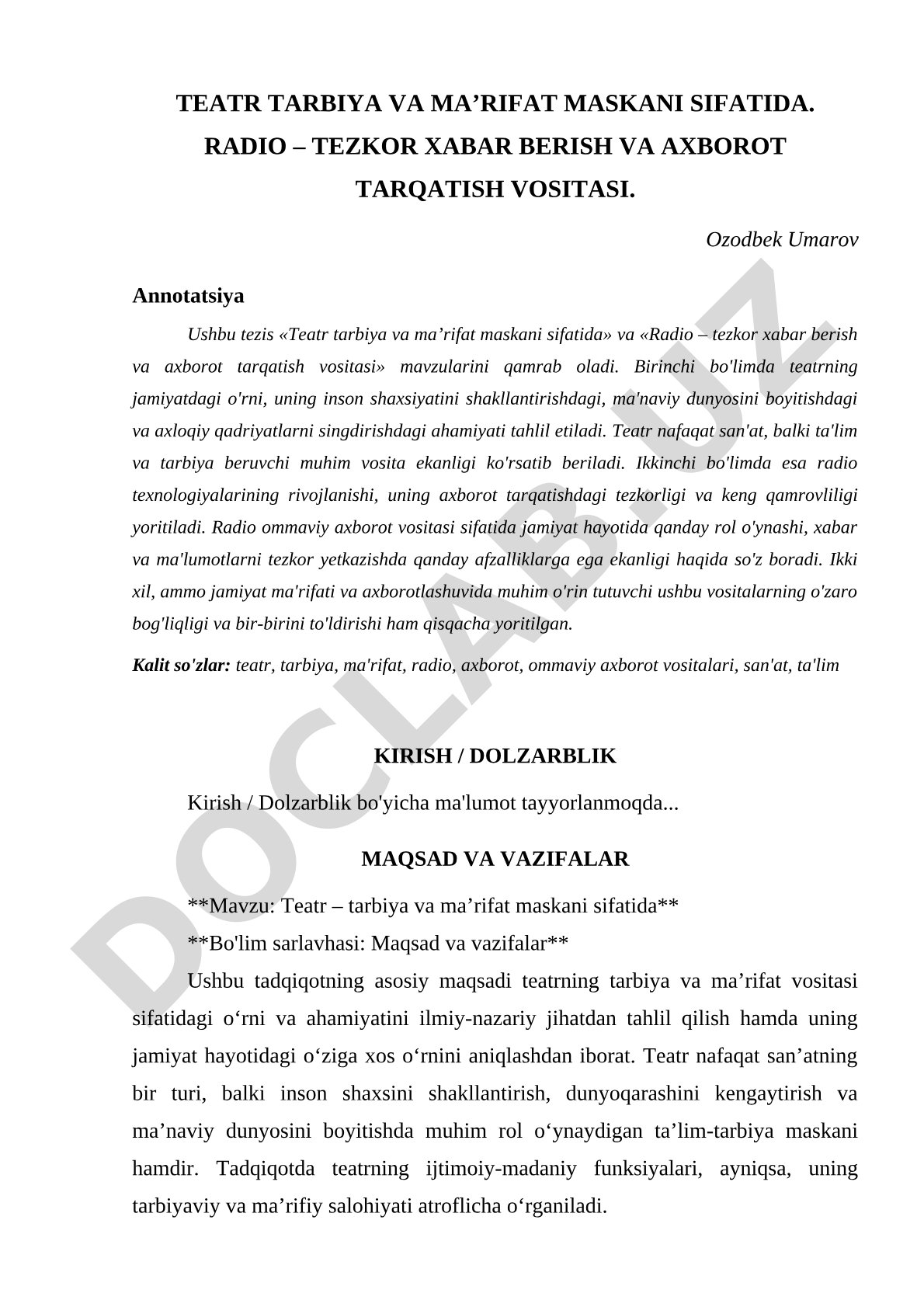 Teatr tarbiya va ma’rifat maskani sifatida. Radio – tezkor xabar berish va axborot tarqatish vositasi