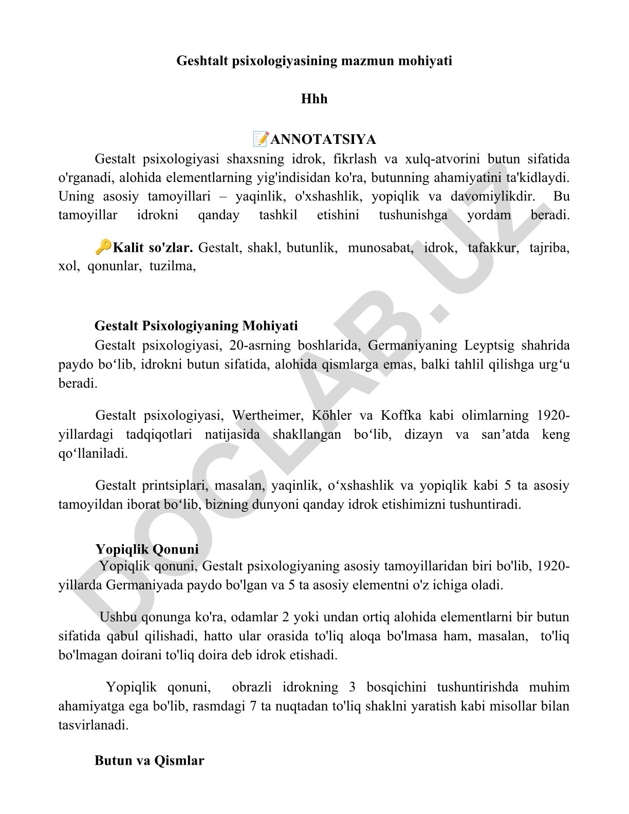 Gestalt psixologiyasining mazmun mohiyati