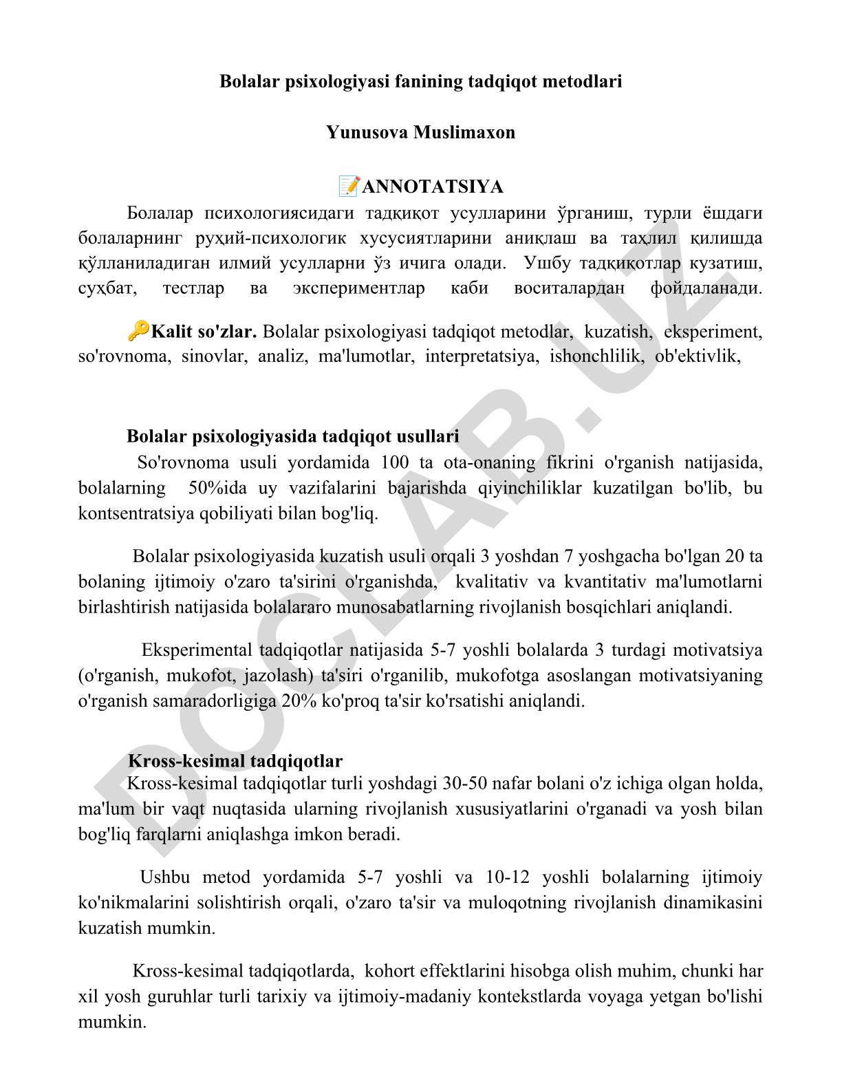 Bolalar psixologiyasida tadqiqot metodlari