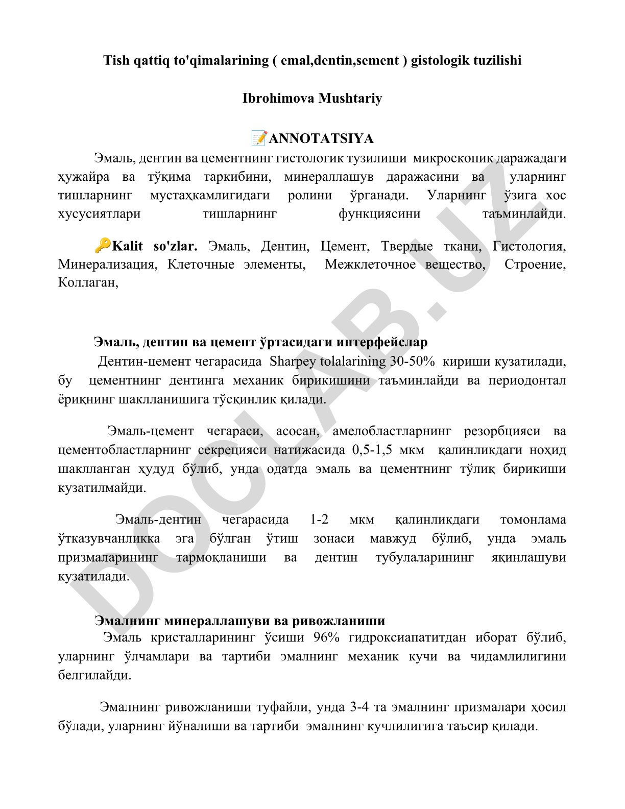 Tish qattiq to'qimalarining gistologik tuzilishi