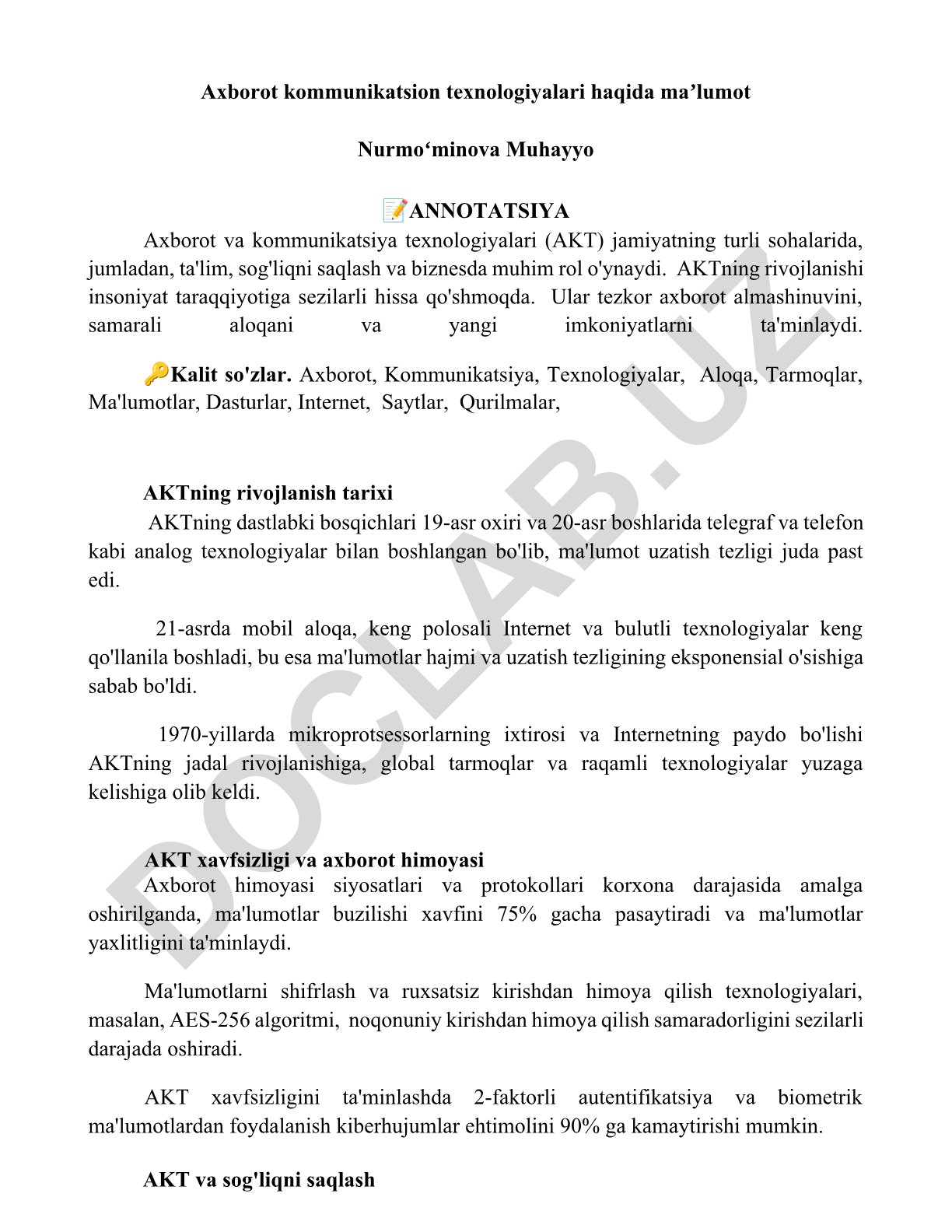 Axborot va kommunikatsiya texnologiyalari (AKT)ning rivojlanishi va ahamiyati