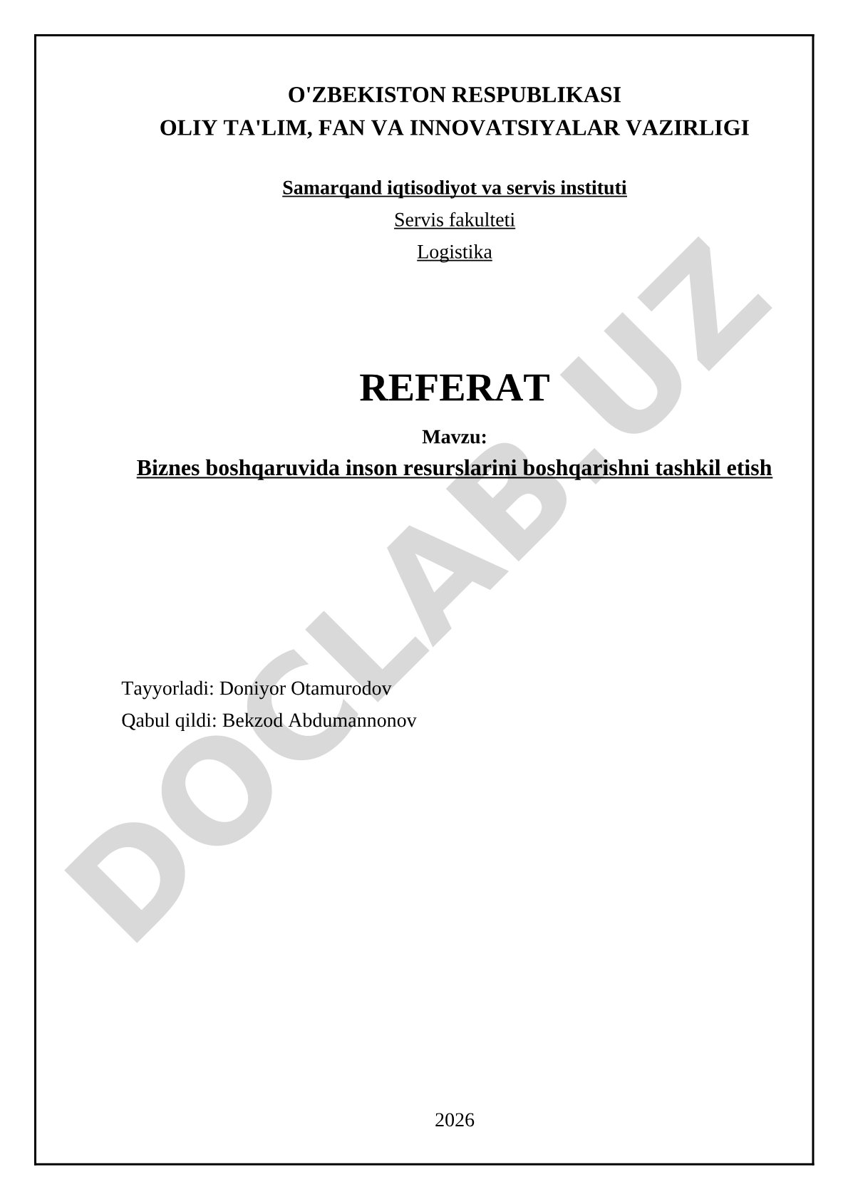 Biznes boshqaruvida inson resurslarini boshqarishni tashkil etish