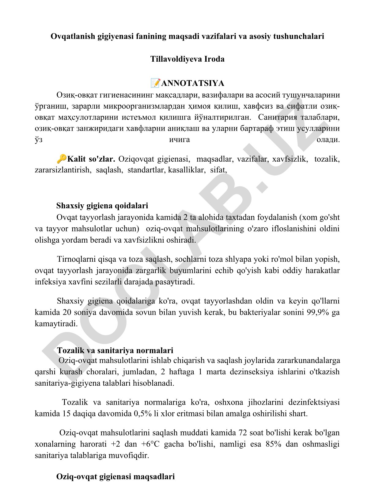 Ovqatlanish gigiyenasi fanining maqsadi vazifalari va asosiy tushunchalari