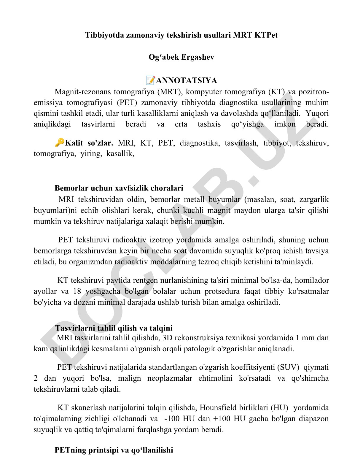 Tibbiyotda zamonaviy tekshirish usullari MRT KT PET
