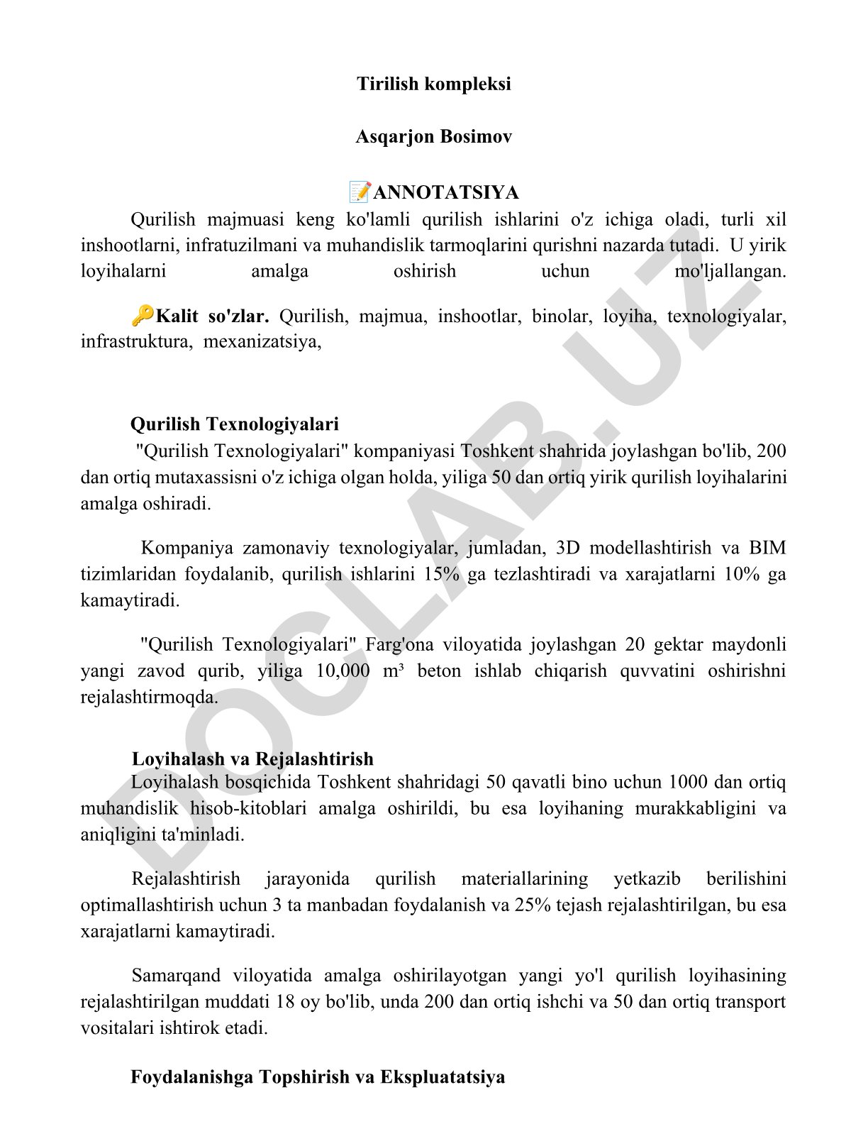 Tirilish kompleksi Asqarjon Bosimov