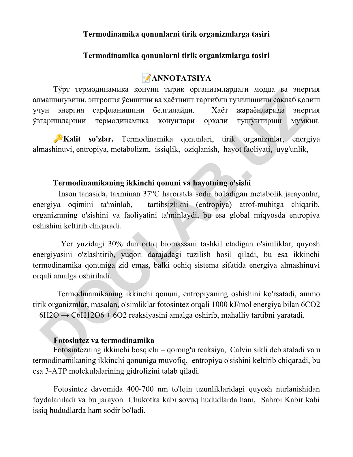 Termodinamika qonunlarning tirik organizmlarga ta'siri