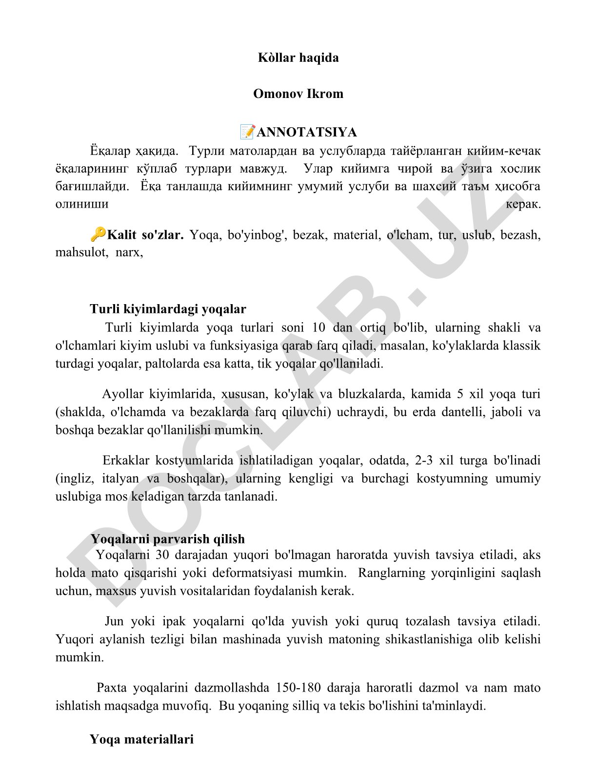 Kiyimlarda yoqalar turlari va parvarish qilish