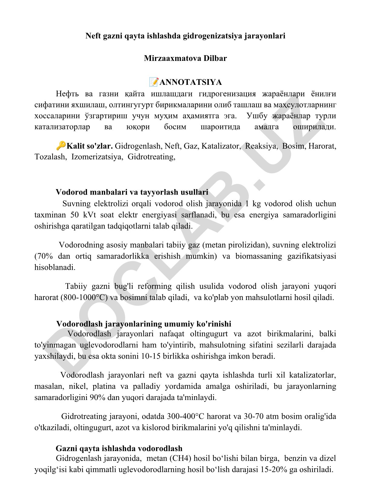 Neft va gazni qayta ishlashda gidrogenizatsiya jarayonlari