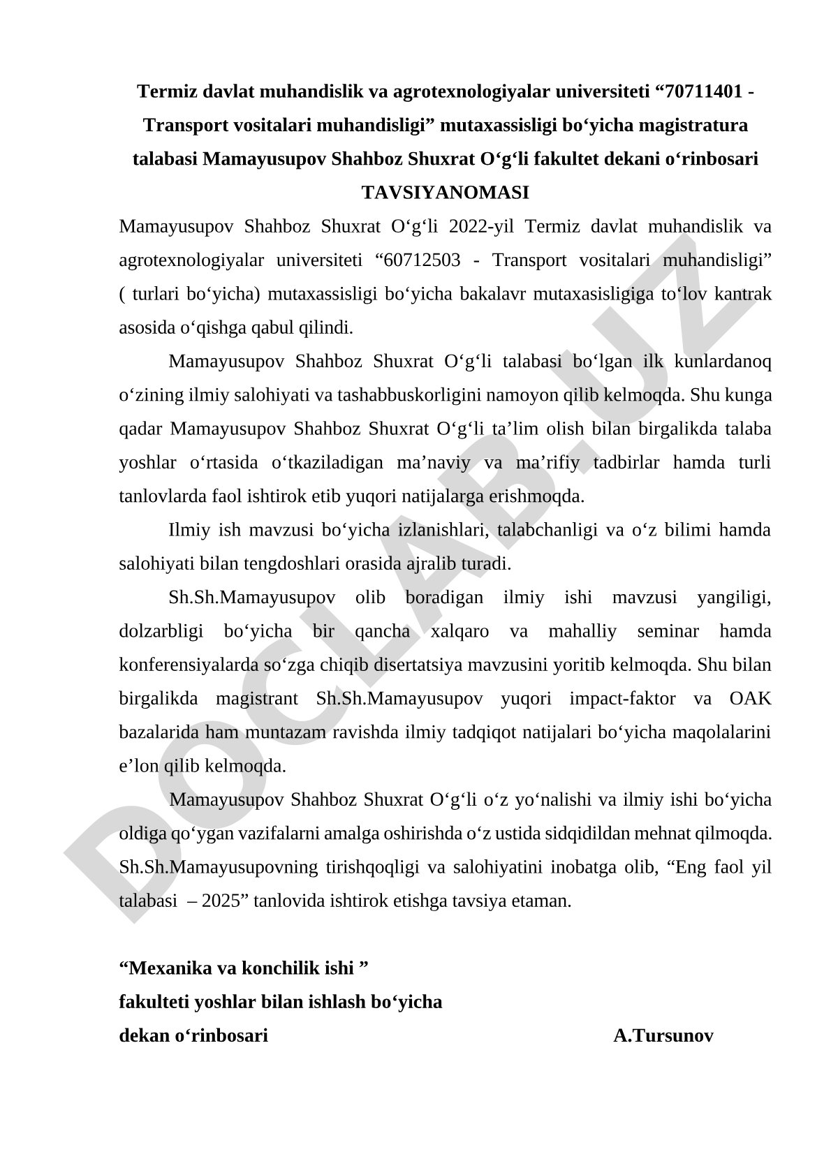 Mamayusupov Shahboz Shuxrat O'g'li tavsiyanomasi
