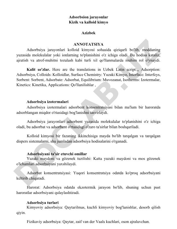 Adsorbsion jarayonlar va kolloid kimyo