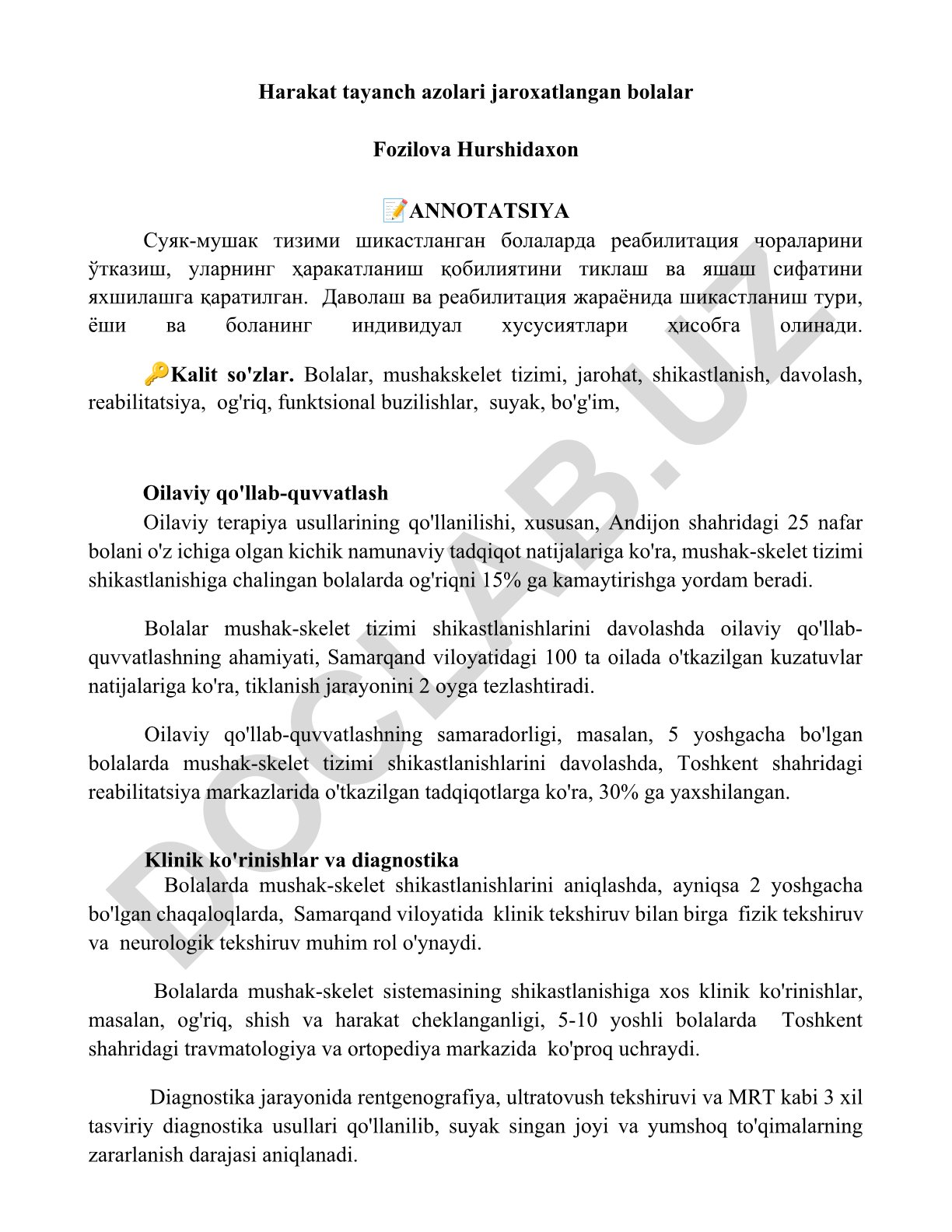 Bolalarda mushak-skelet tizimi shikastlanishlarini davolash va reabilitatsiya