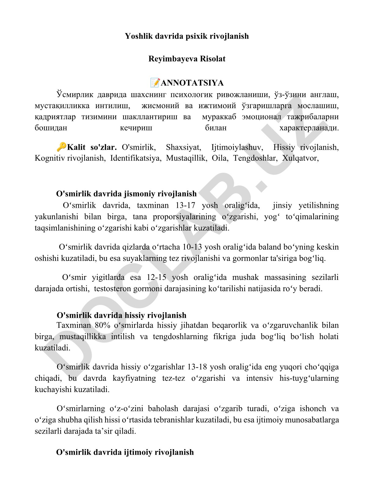O'smirlik davrida psixik rivojlanish