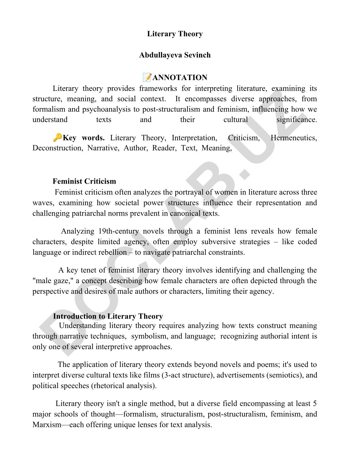 Literary Theory and Feminist Criticism Analysis