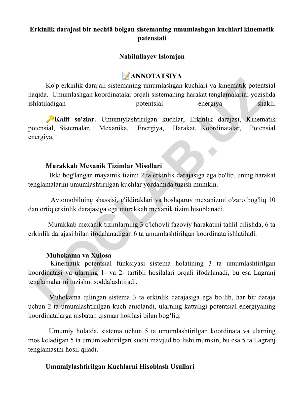 Ko'p erkinlik darajali sistemaning umumlashgan kuchlari va kinematik potensial