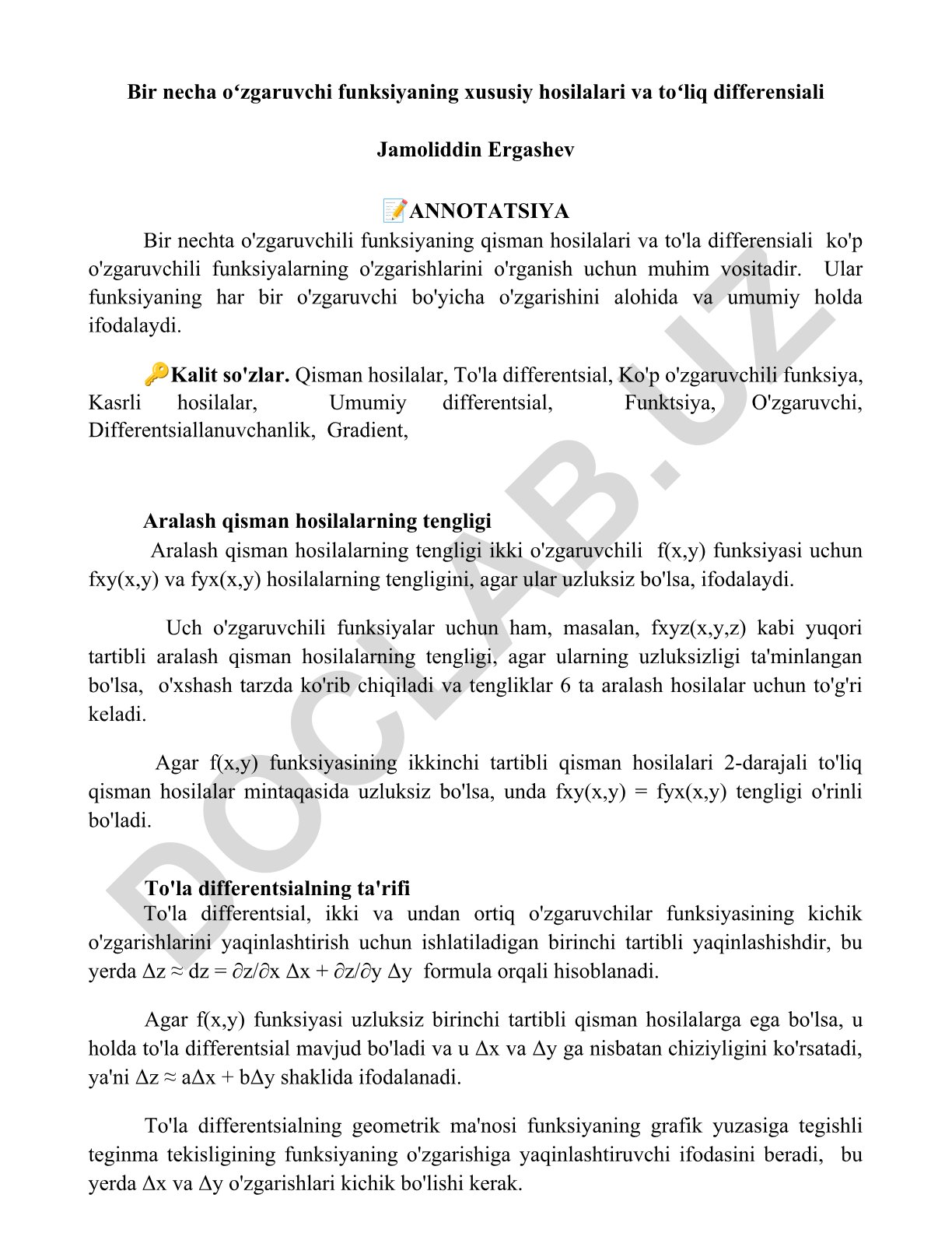 Bir necha oʻzgaruvchi funksiyaning xususiy hosilalari va toʻliq differensiali