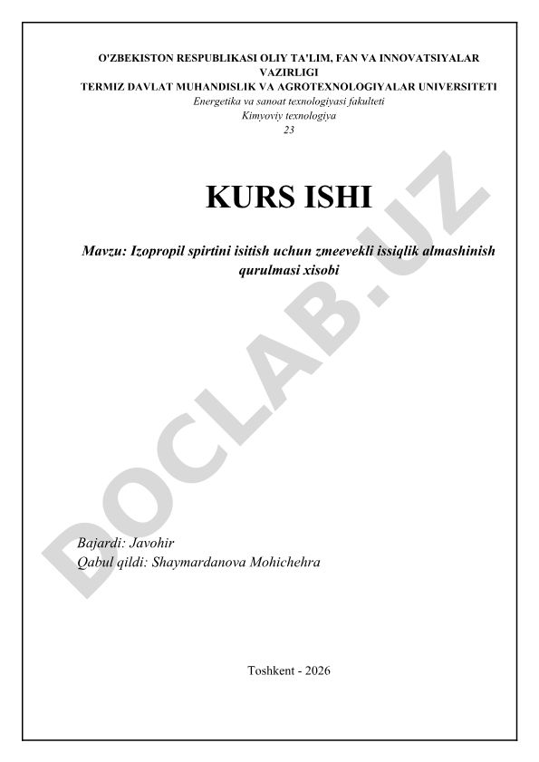 Izopropil spirtini isitish uchun zmeevekli issiqlik almashinish qurulmasi xisobi