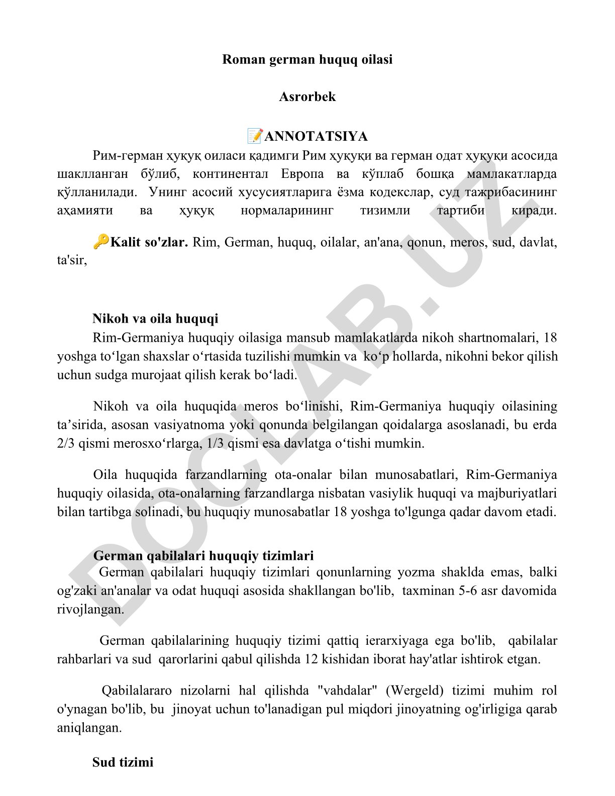 Rim-german huquq oilasi va uning xususiyatlari