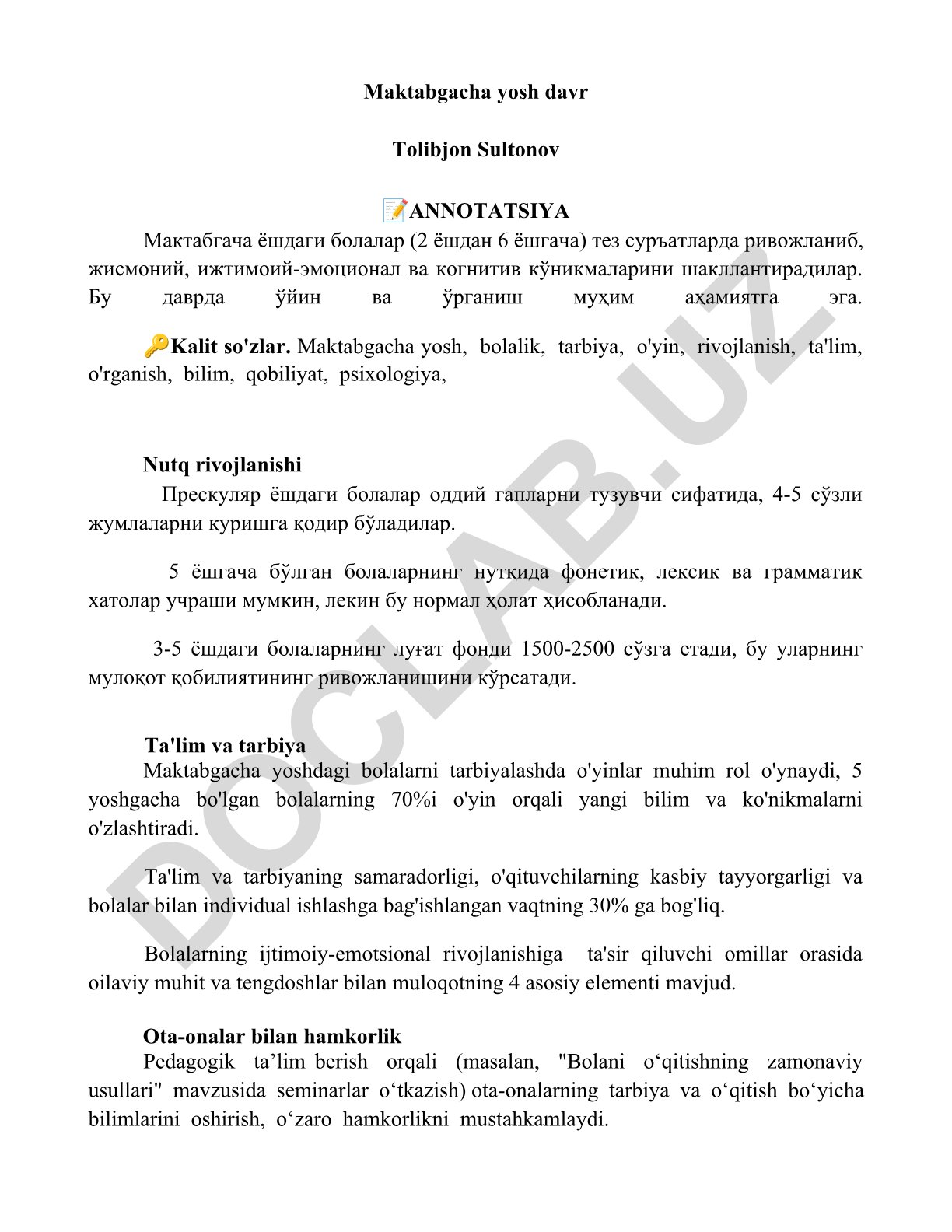 Maktabgacha yoshdagi bolalarning rivojlanishi va ta'limi