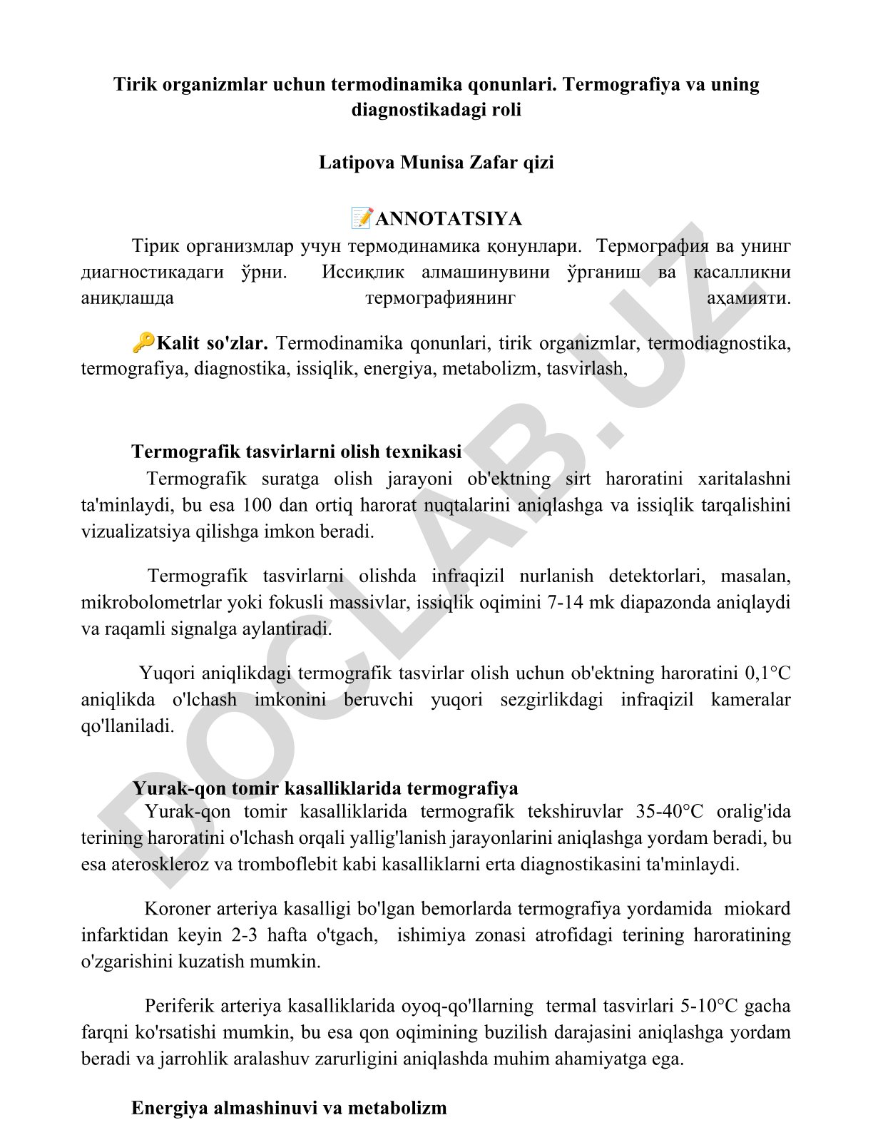 Tirik organizmlar uchun termodinamika qonunlari va termografiyaning diagnostikadagi roli