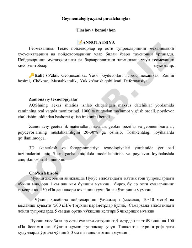 Geomexanika va yassi poydevorlar