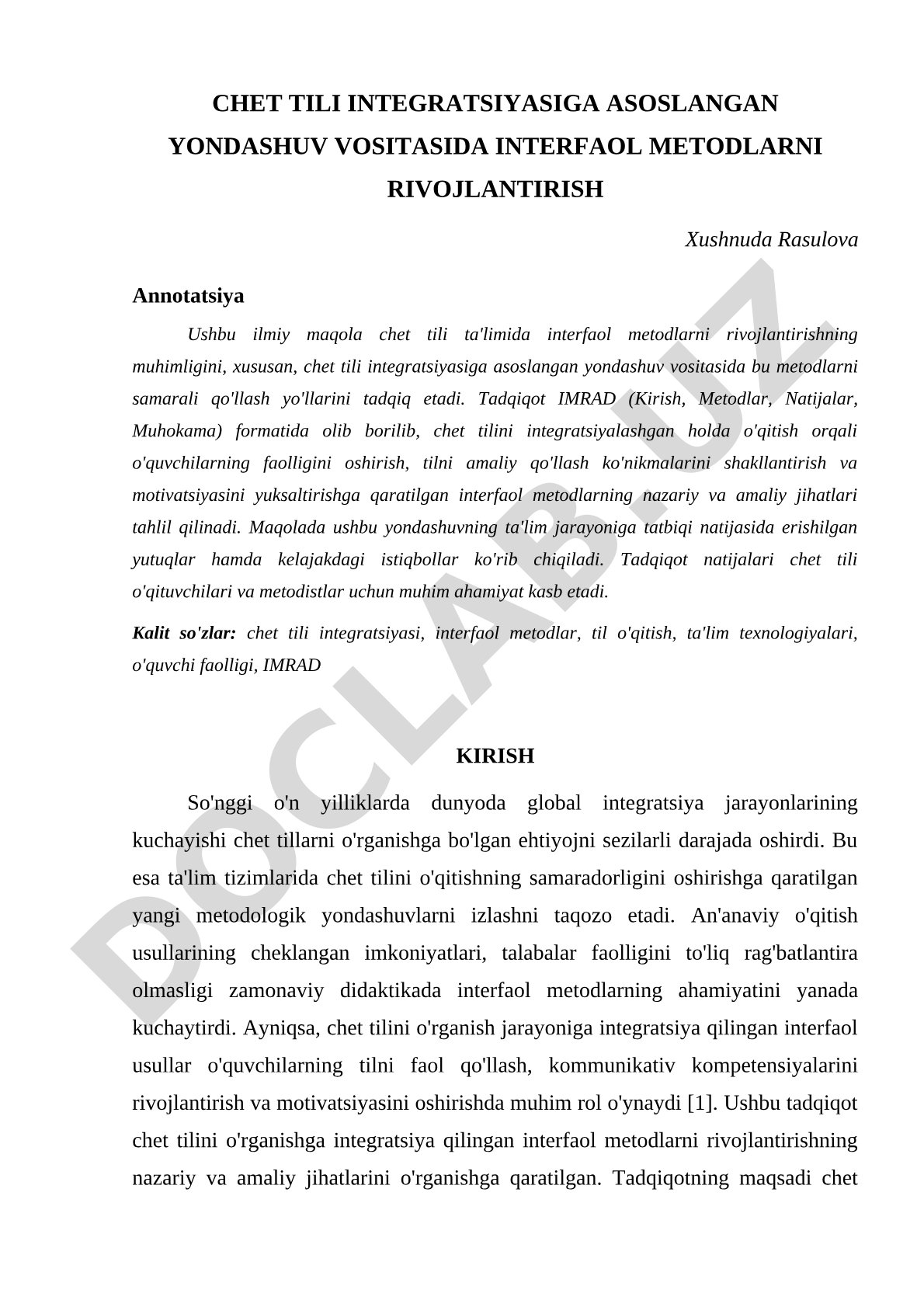 Chet tili integratsiyasiga asoslangan yondashuv vositasida interfaol metodlarni rivojlantirish