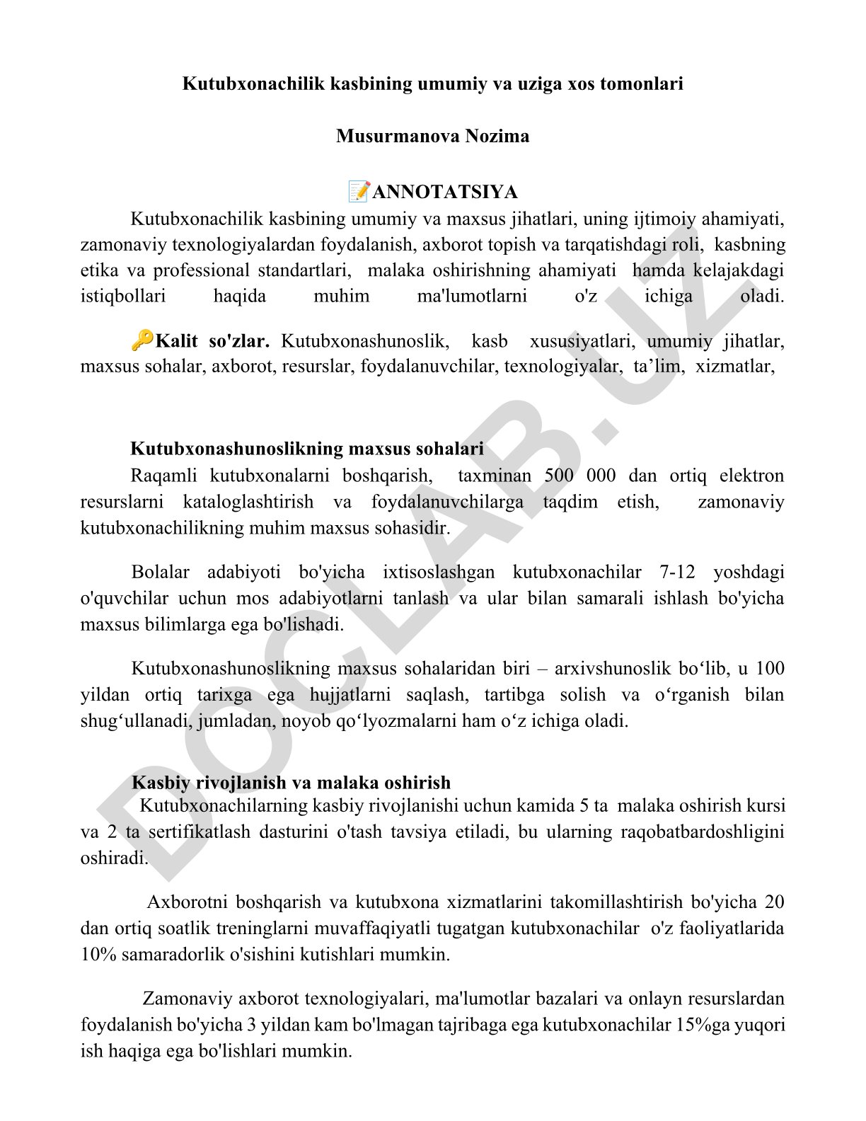 Kutubxonachilik kasbining umumiy va maxsus jihatlari