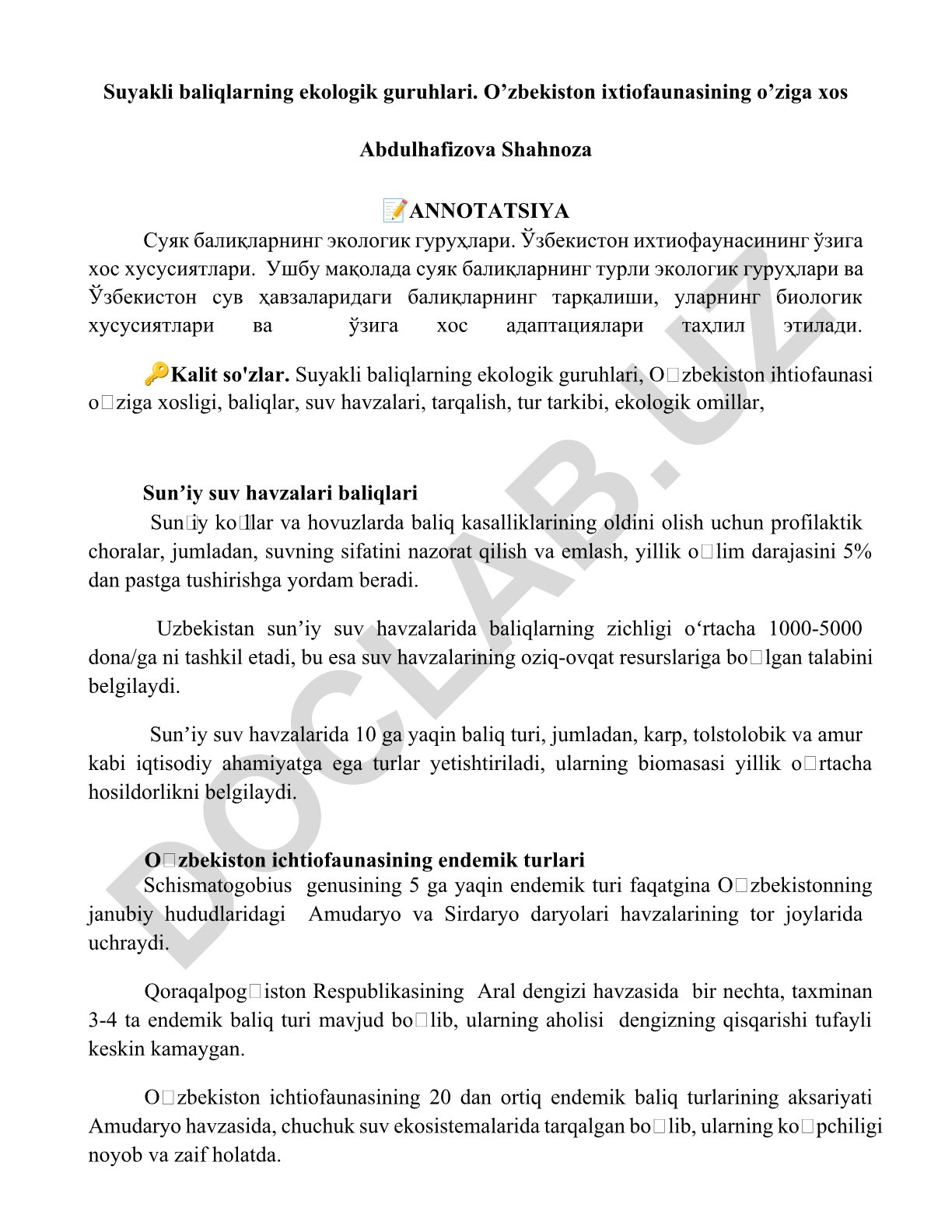 Suyakli baliqlarning ekologik guruhlari va Oʻzbekiston ixtiofaunasining oʻziga xos xususiyatlari