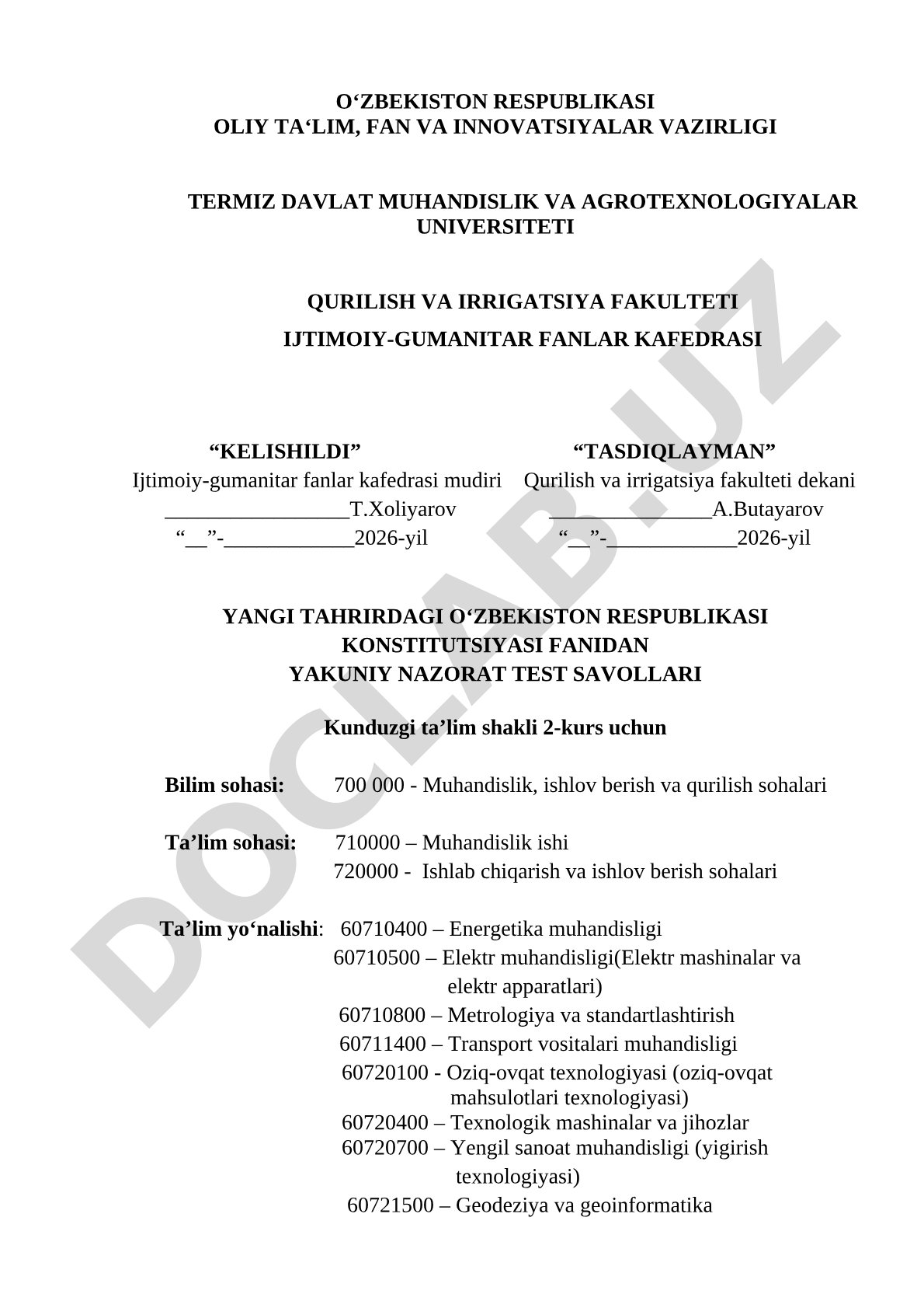 Yangı tahrirdagi O'zbekiston Respublikasi Konstitutsiyasi fanidan yakuniy nazorat test savollari