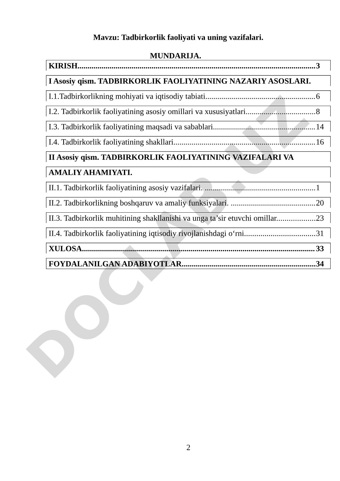 Tadbirkorlik faoliyati va uning vazifalari