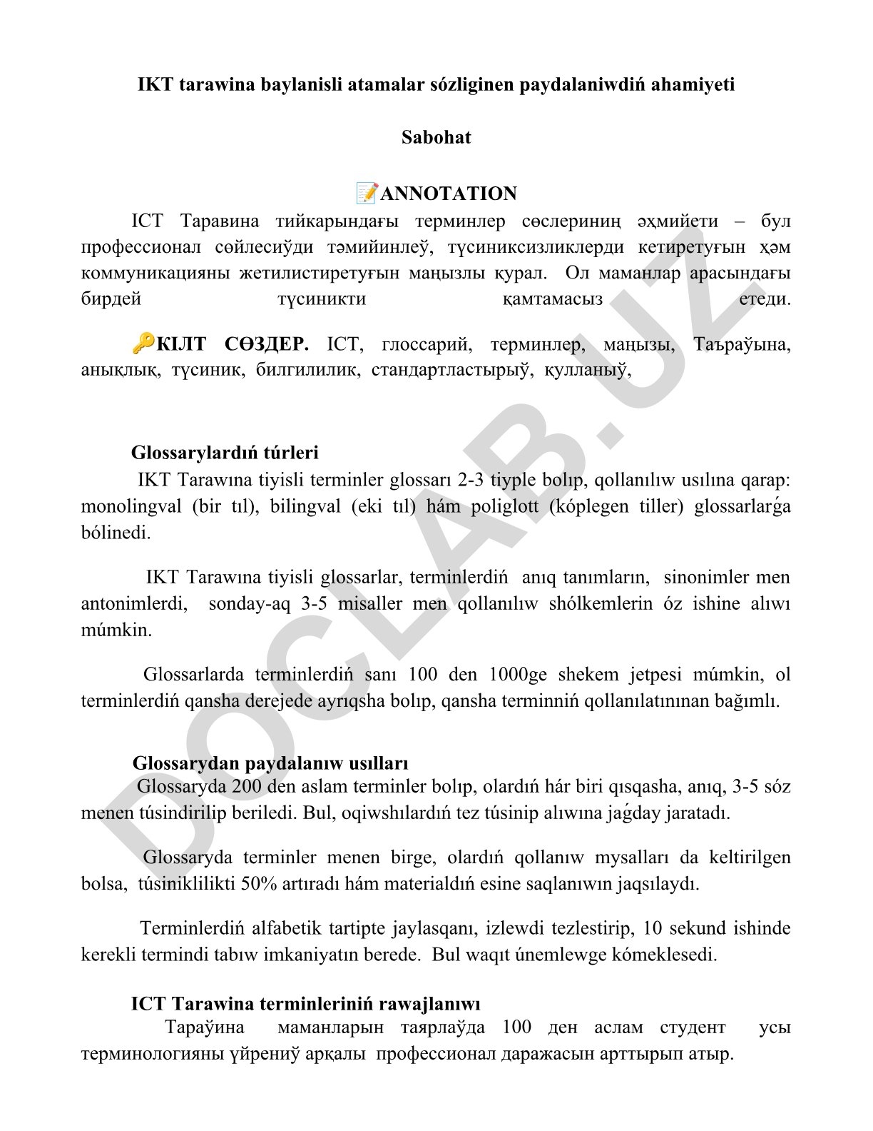 IKT tarawina baylanisli atamalar sózliginen paydalaniwdiń ahamiyeti