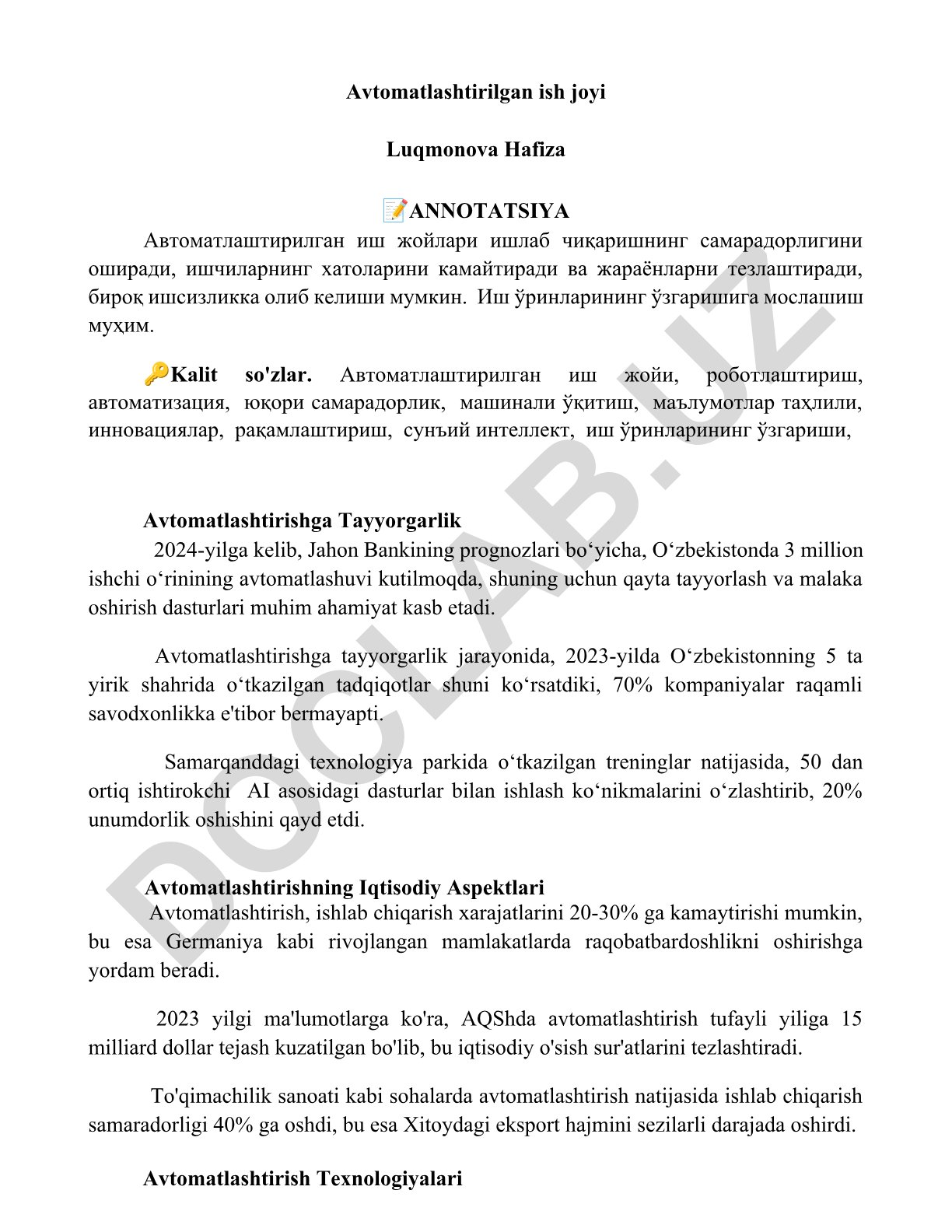 Avtomatlashtirilgan ish joylari va avtomatlashtirishga tayyorgarlik