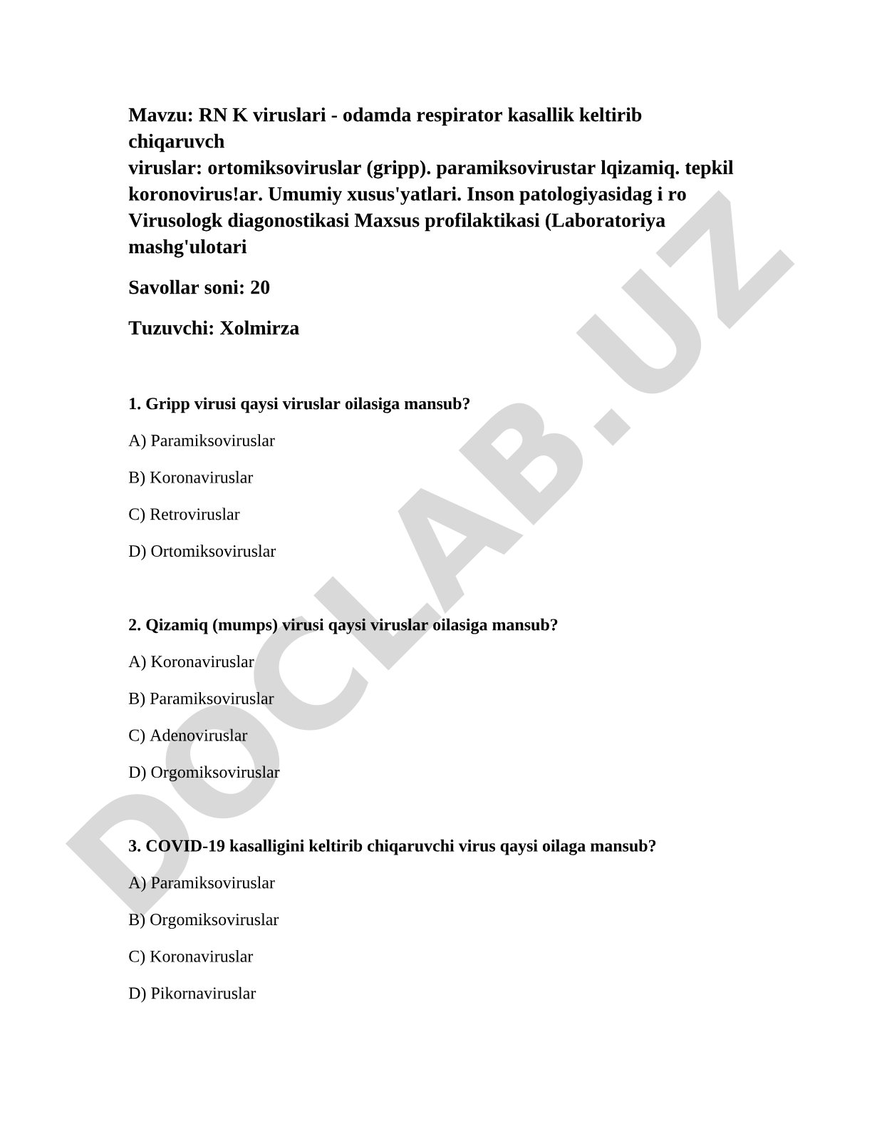 RNK viruslari - odamda respirator kasallik keltirib chiqaruvchi viruslar